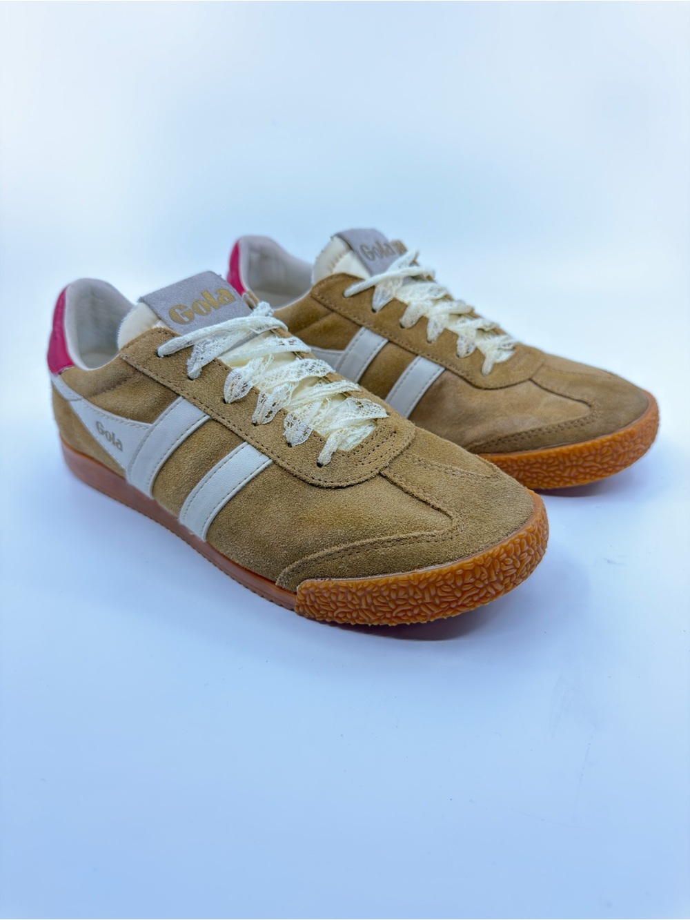 Gola woman’s Tan Suede Sneakers with White Stripes and Pink Heel Tab
